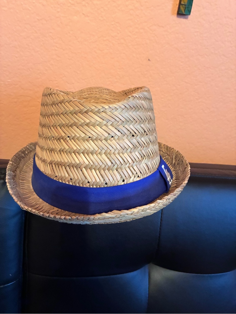 Straw Pork Pie Hat with Royal Blue LA Ribbon - Picture 2 of 6